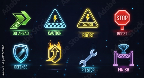 Neon racing game icons representing various actions and game elements.