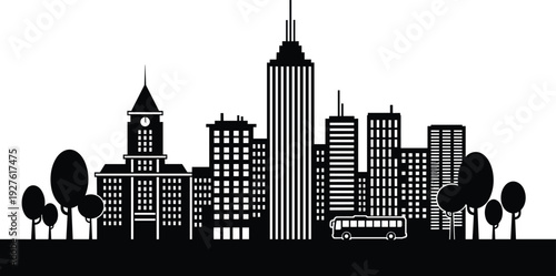 City skyline silhouette with skyscrapers, urban buildings and bus vector illustration isolated on white background