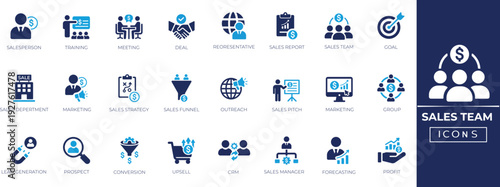 Sales solid icon set. salesperson, prospect, conversion, sales reports, marketing, sales funnel, lead generation and business workflow. Clean, modern vector icons ideal for web.