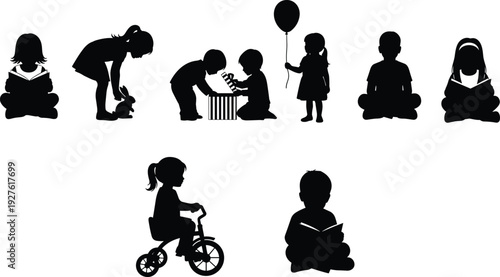 Set of children silhouettes including kids reading books playing with rabbit opening gift box holding balloon and riding a tricycle,