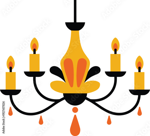 Classic chandelier with burning candles, elegant decorative candelabra ceiling light vector illustration isolated on white background