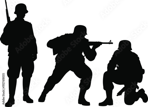 Black silhouette of three World War II soldiers in combat poses with helmets and rifles isolated on white background for history.