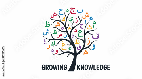 Arabic Alphabet Tree Vector – Colorful Language Learning Graphic Featuring Letters as Leaves for Educational Posters, Classroom Decor, and Multilingual Design Projects