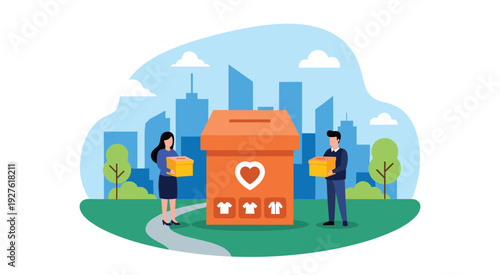 Clothing Donation Concept Illustration with Charity Box and Volunteers Holding Donation Packages