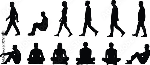 Silhouettes of people walking, standing, and sitting in diverse postures, human activity illustration for design, ergonomics, and animation