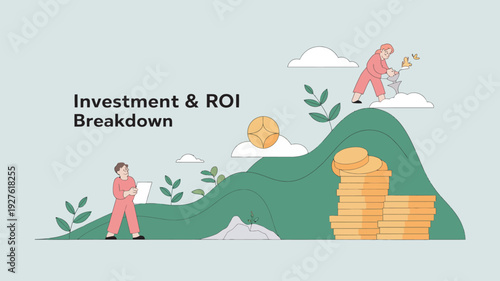 A graphic illustration of a business investment and ROI breakdown with people and coins on a hill