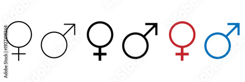 Set of female and male gender symbols. thin and thick line strokes including red and blue colored icons. venus and mars astronomical signs.