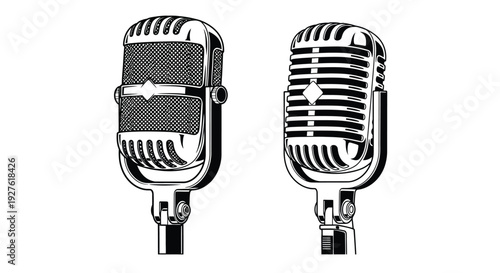 Vintage microphones in black and white depicted in a stylized illustration