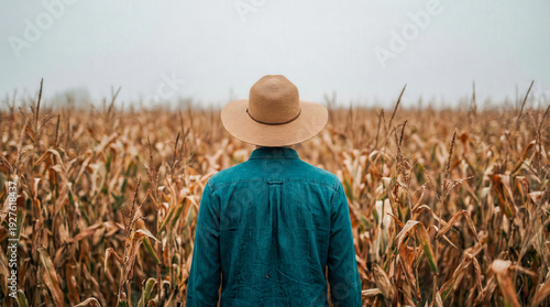 Farmer wearing straw hat in cornfield back view overcast day autumn harvest