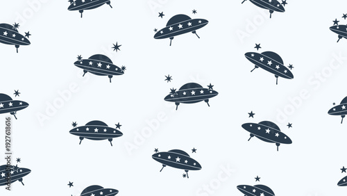 Dark blue silhouettes of flying saucers adorned with white stars are repeated in a seamless pattern on a soft pale blue background.