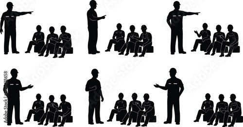 Construction worker silhouettes set with supervisor talking to group for industrial teamwork safety meeting and building site management vector illustration