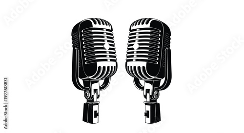 Two vintage ribbon microphones displayed against a stark white backdrop