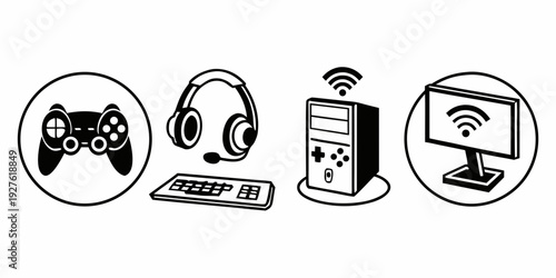 Iconic symbols of gaming, communication, and computing in a circular arrangement. Vector