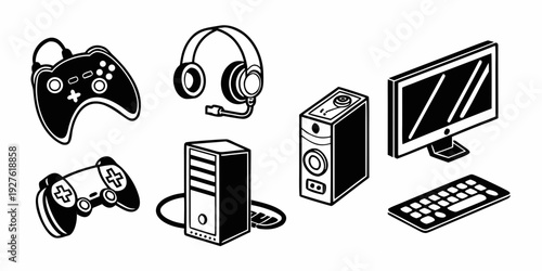 A collection of gaming equipment including controllers, headset, and computer components Vector