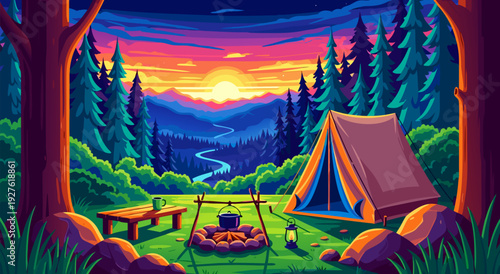 vector illustration of peaceful campsite forest sunset mountains calm