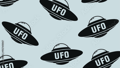 Bold black silhouettes of flying saucers containing the word UFO are arranged in a repetitive pattern on a light grey or blue background.