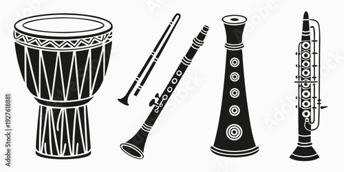 A variety of musical instruments including a drum, clarinet, and flute Vector