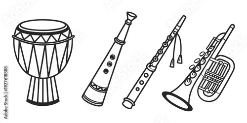 A variety of musical instruments including drums, flutes, and horns Vector