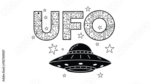 Large stylized letters spelling UFO are filled with intricate star patterns and paired with a bold black spaceship silhouette against a white backdrop.
