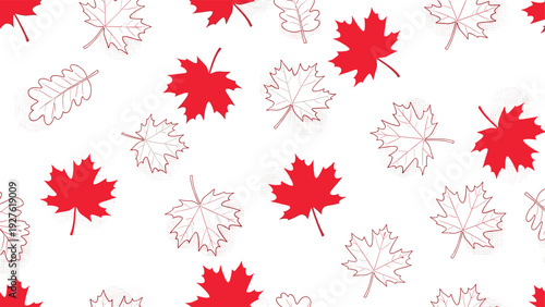 Elegant pattern of solid red maple leaves and fine red outlines of oak and maple leaves on a white grid background celebrates the autumn season.