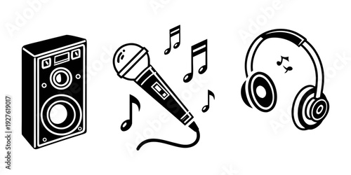 A collection of musical equipment including a speaker, microphone, and headphones Vector