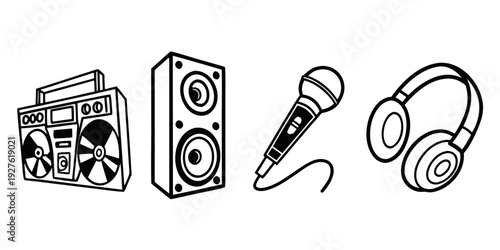 A collection of music equipment including records, speakers, a microphone, and headphones. Vector