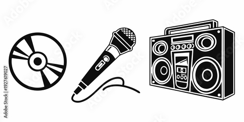 A collection of vintage music equipment including a vinyl record, microphone, and boombox. Vector