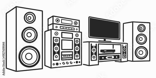 Modern home entertainment system with speakers and a television. Vector