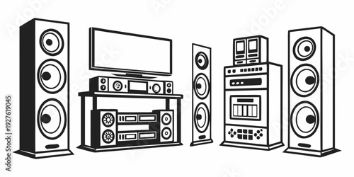 A modern home theater system with a large television and two speakers Vector