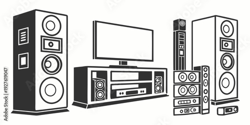 Modern home theater system with large speakers and entertainment console Vector