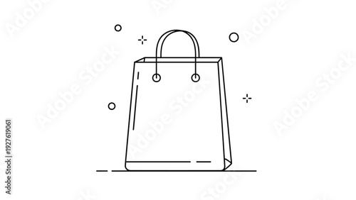 Simple black and white line icon of a paper shopping bag with handles is presented on a clean white background with minimal decorative elements.