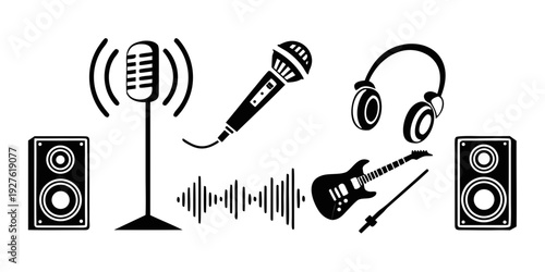 A variety of audio equipment including speakers, microphones, and headphones Vector