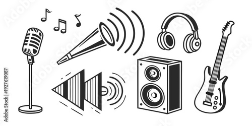 A diverse collection of musical instruments and sound equipment. Vector