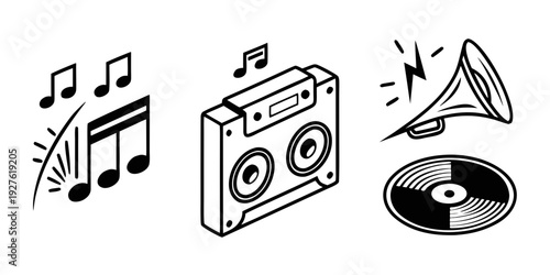 Vintage music equipment and vinyl records displayed in a row. Vector