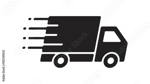 A black truck icon speeding to the right with motion lines on a white background