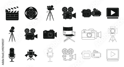 Collection of black and white film and video production equipment icons