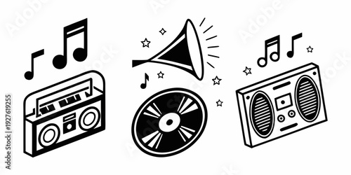 Vintage audio equipment including a radio, record player, and cassette player. Vector