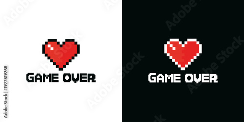 Game over pixel art design with red heart isolated on white and black background