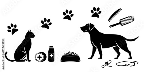 A black and white illustration of two dogs with various pet care items. Vector