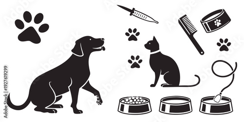 A variety of pet care items and accessories for dogs and cats Vector