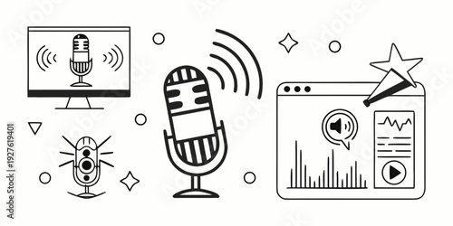 Streaming and podcasting equipment on a desk with a microphone and computer. Vector