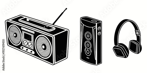A collection of vintage audio equipment including a radio and headphones Vector