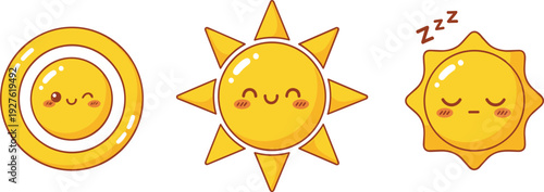Kawaii sun character set with happy smiling face and sleeping expressions for summer weather stickers and kids educational design vector