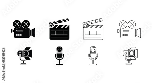 Collection of film and audio equipment icons in black and white