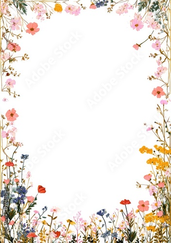 Floral border of colorful wildflowers frames a large white rectangle