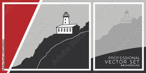 A lighthouse on a cliff with a red and white background and a sign Vector