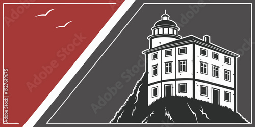 Historic hotel building with a distinctive red and white facade and a tower. Vector