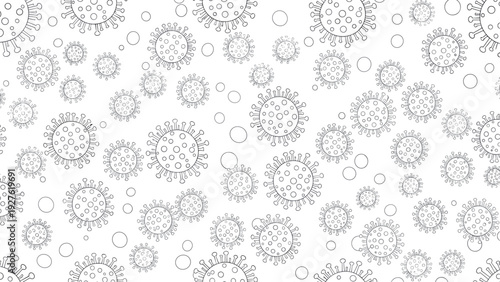 Dense seamless pattern of microscopic virus cells and bubbles is depicted in a simple black outline style on a white background for health topics.