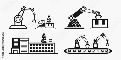 Illustrations of industrial equipment and facilities showcasing manufacturing processes Vector