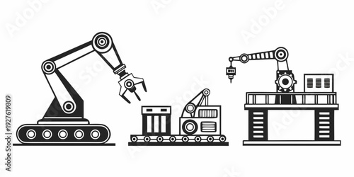 Industrial robots and machinery working together in a manufacturing facility Vector